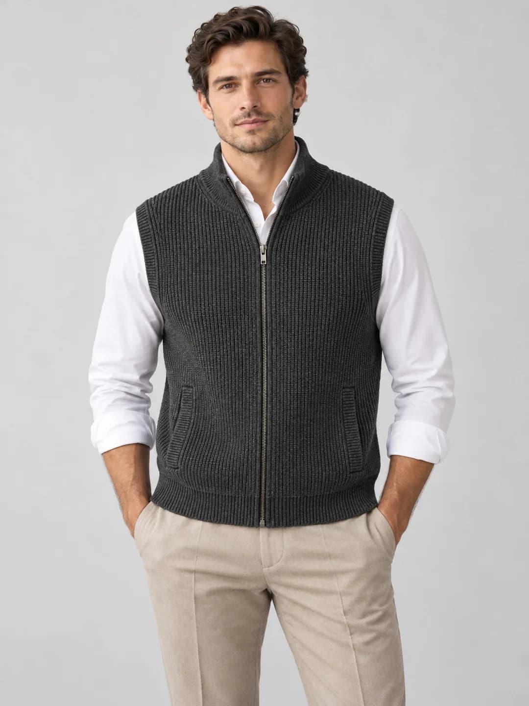 Men's Stand-Collar Full-Zip Knit Gilet - model or use reference (AI development concept)