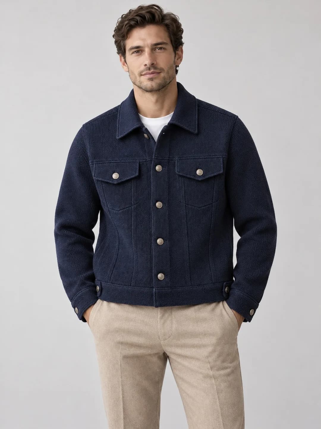 Men's Cotton Knit Trucker Jacket - model or use reference (AI development concept)