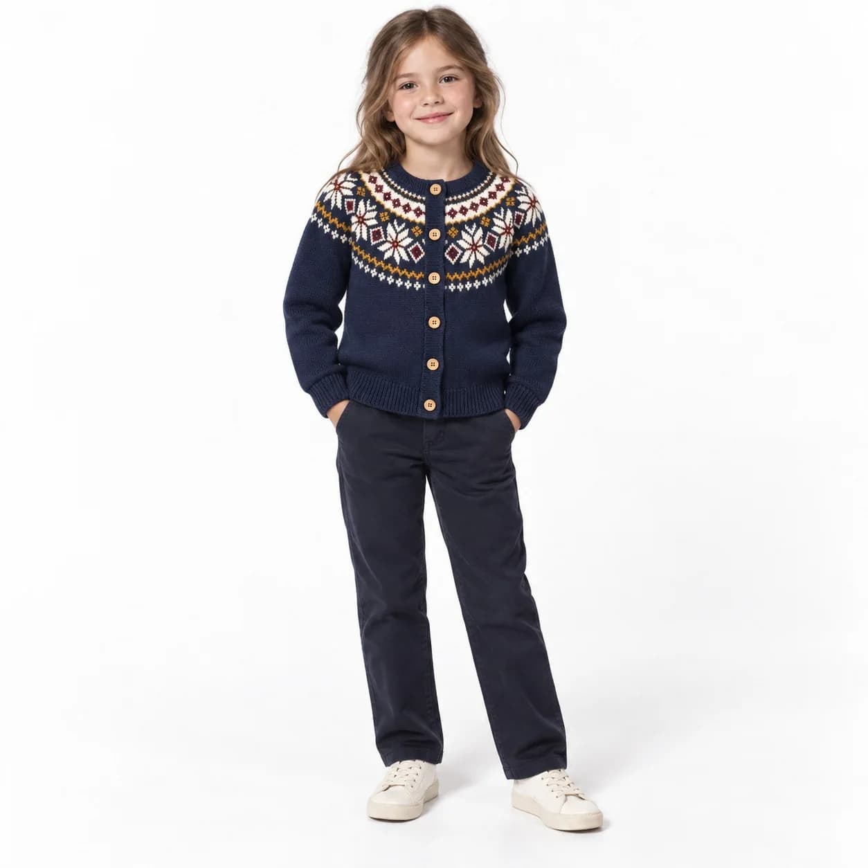 Kids Fair Isle Yoke Cardigan - model or use reference (AI development concept)