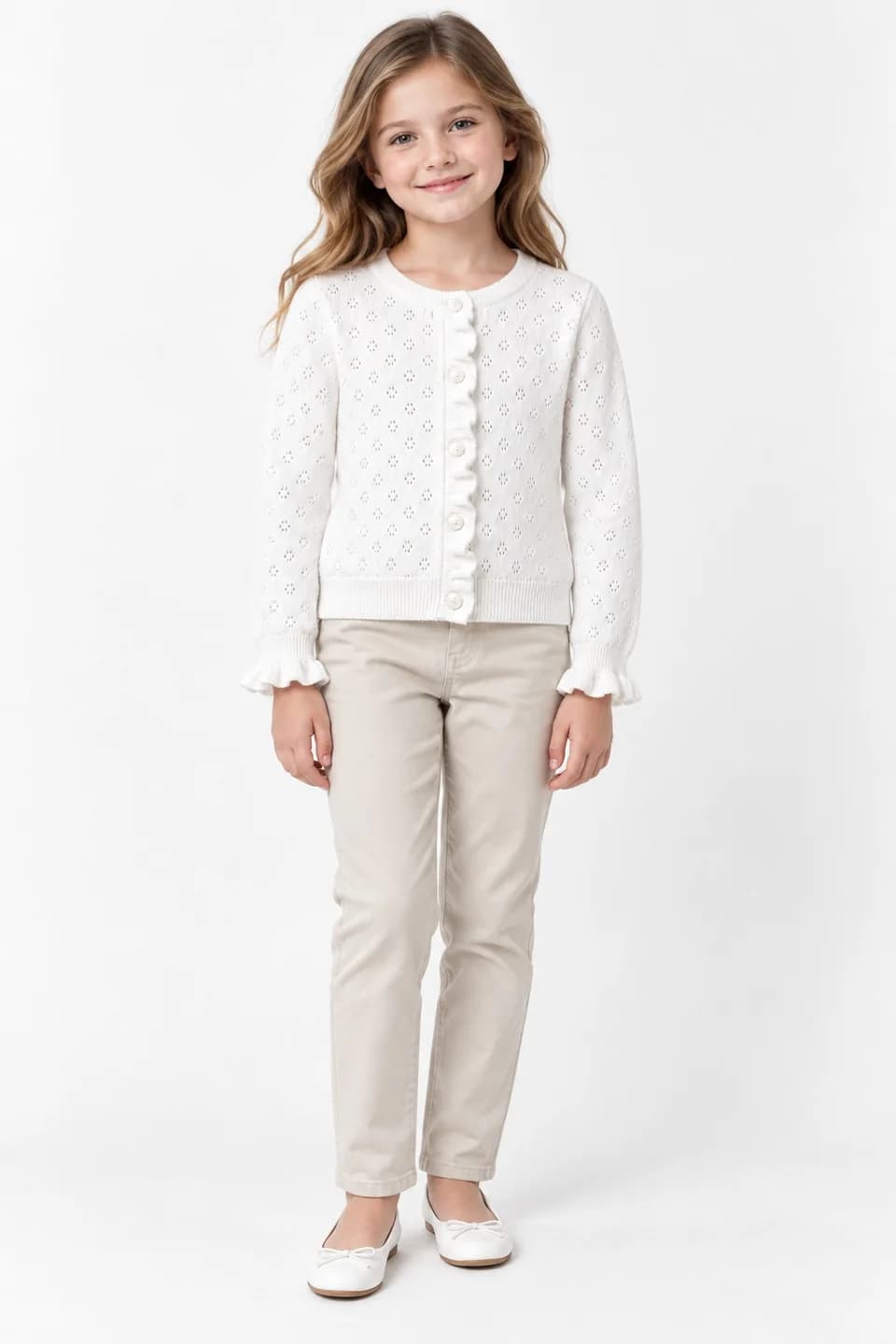 Girls Pointelle Cotton Cardigan - model or use reference (AI development concept)
