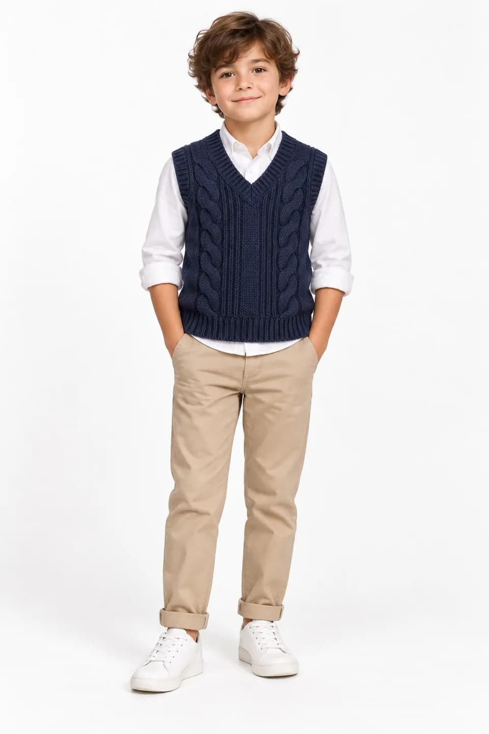 Kids Cable V-Neck Sweater Vest - model or use reference (AI development concept)