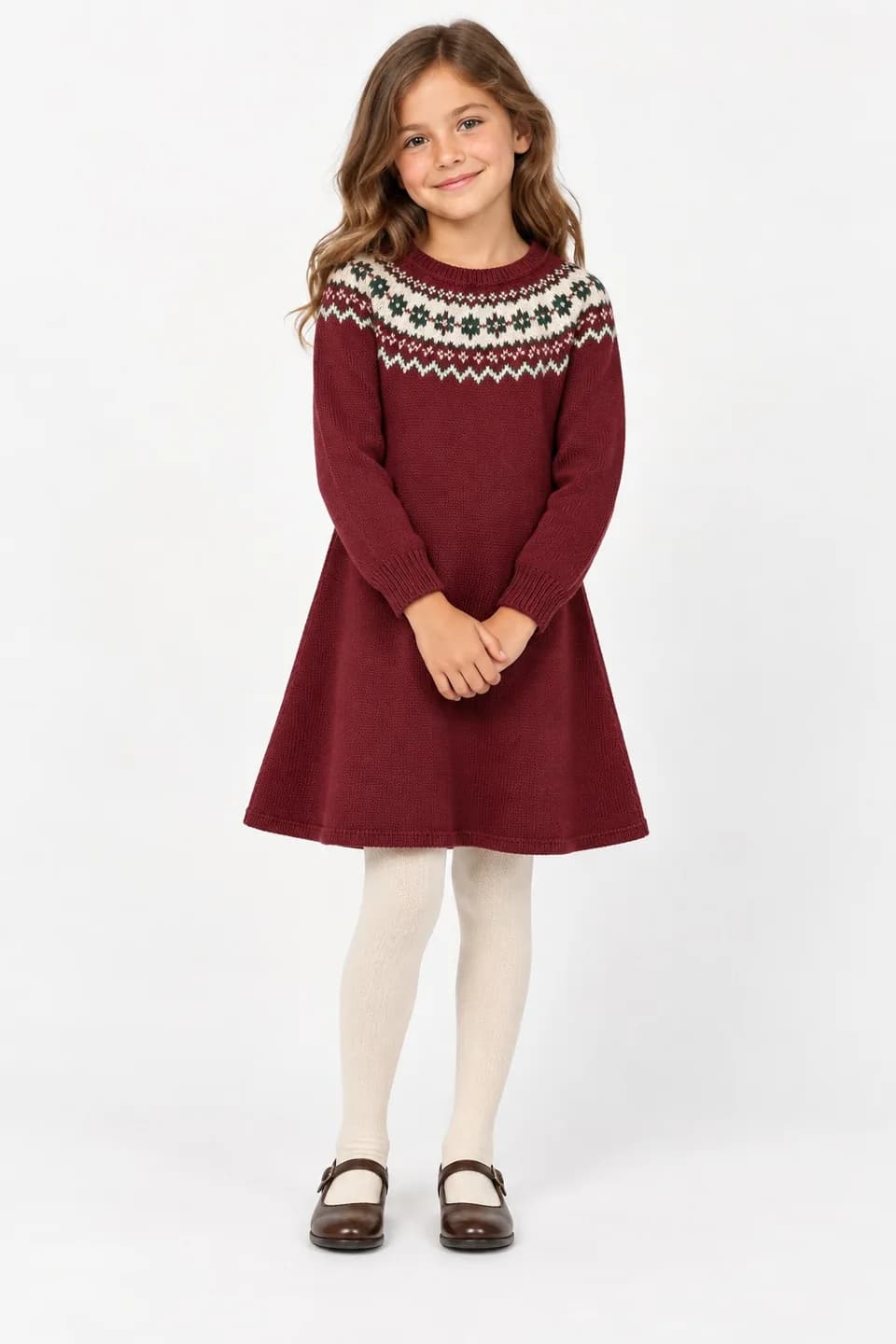 Girls Fair Isle A-Line Knit Dress - model or use reference (AI development concept)