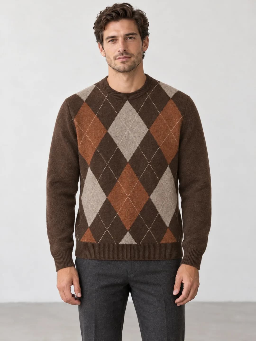Men's Merino-Blend Argyle Crew-Neck Sweater - model or use reference (AI development concept)