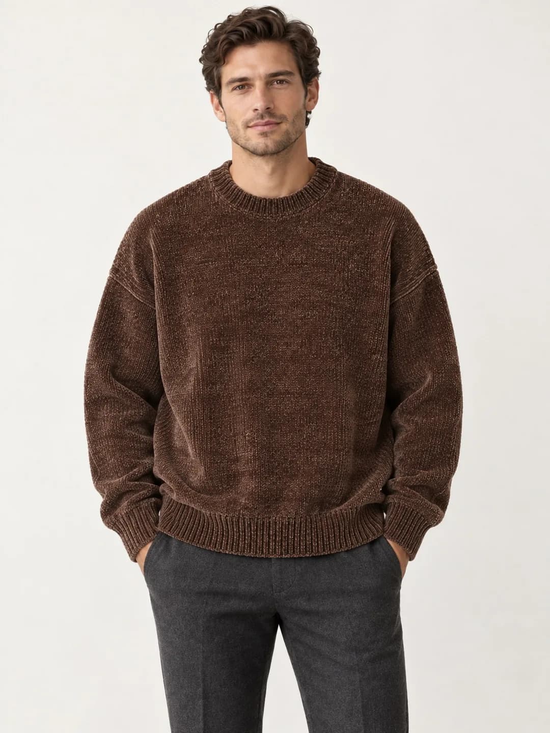 Mens Chenille Drop-Shoulder Crew Sweater - model or use reference (AI development concept)