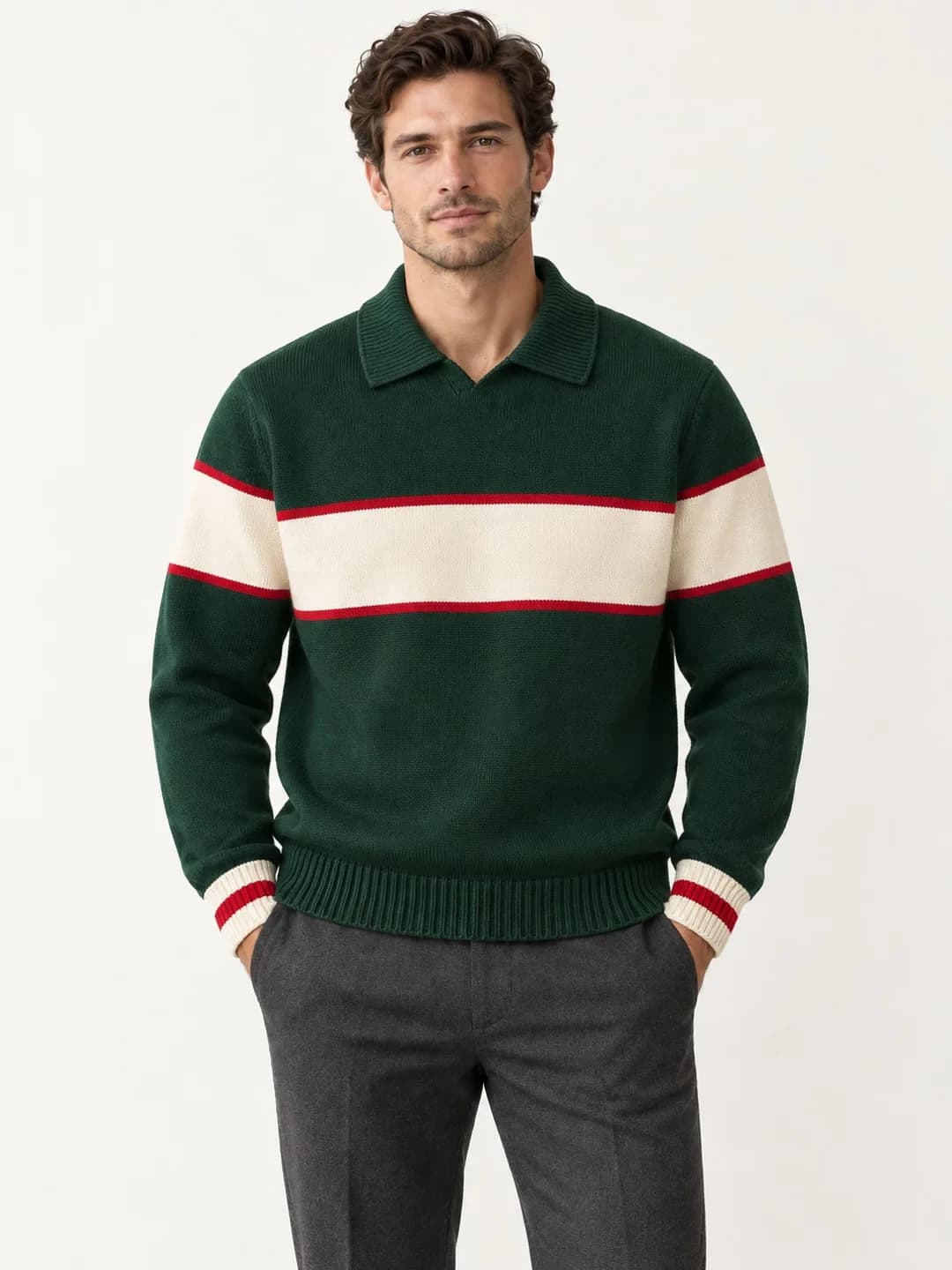 Men's Football-Stripe Open-Collar Knit Sweater - model or use reference (AI development concept)