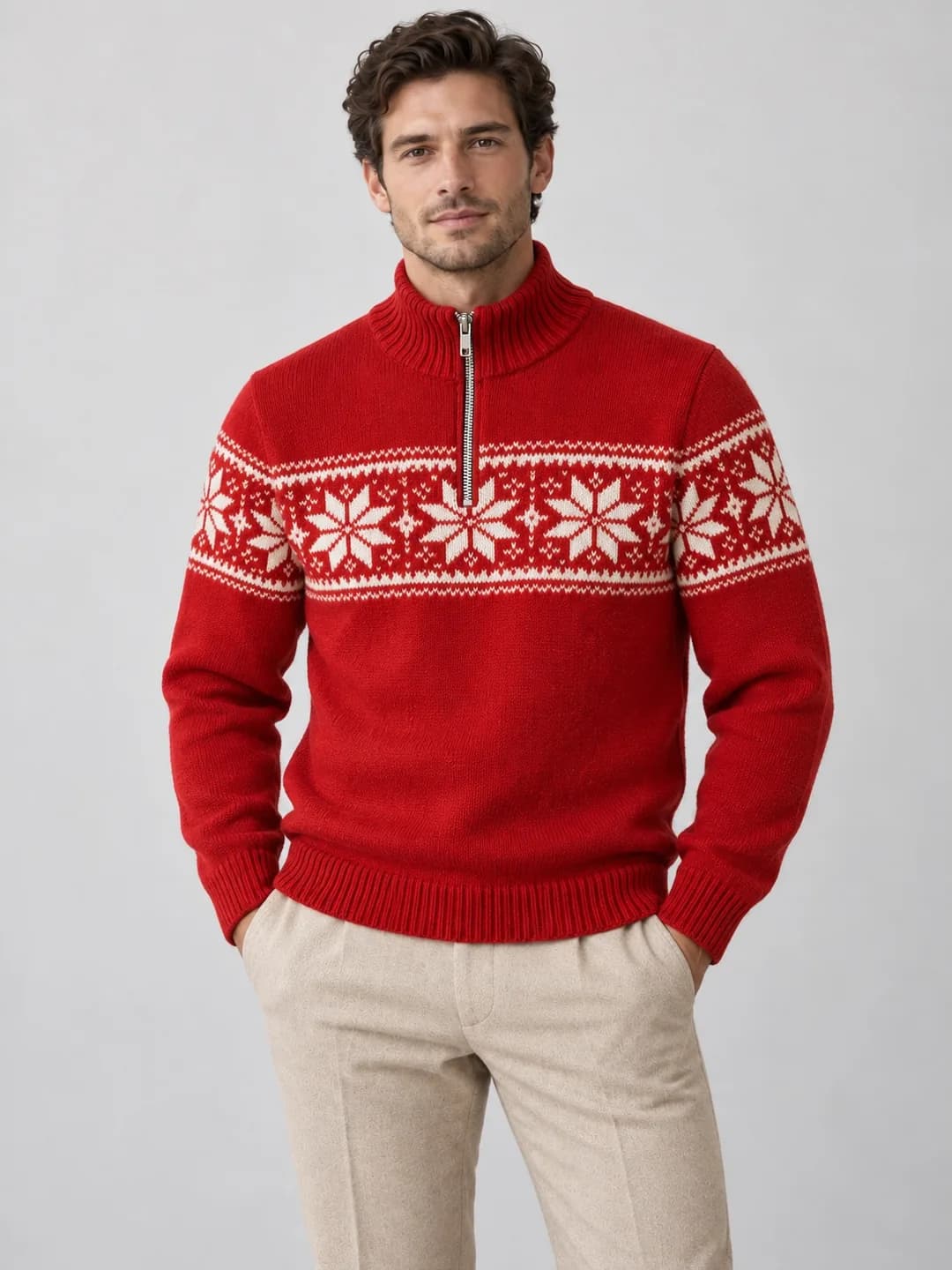 Men's Snowflake Jacquard Half-Zip Sweater - model or use reference (AI development concept)