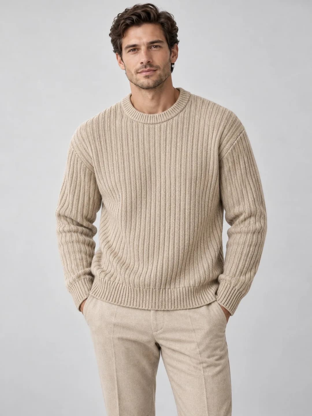 Mens Wool-Cashmere Wide-Rib Crew - model or use reference (AI development concept)
