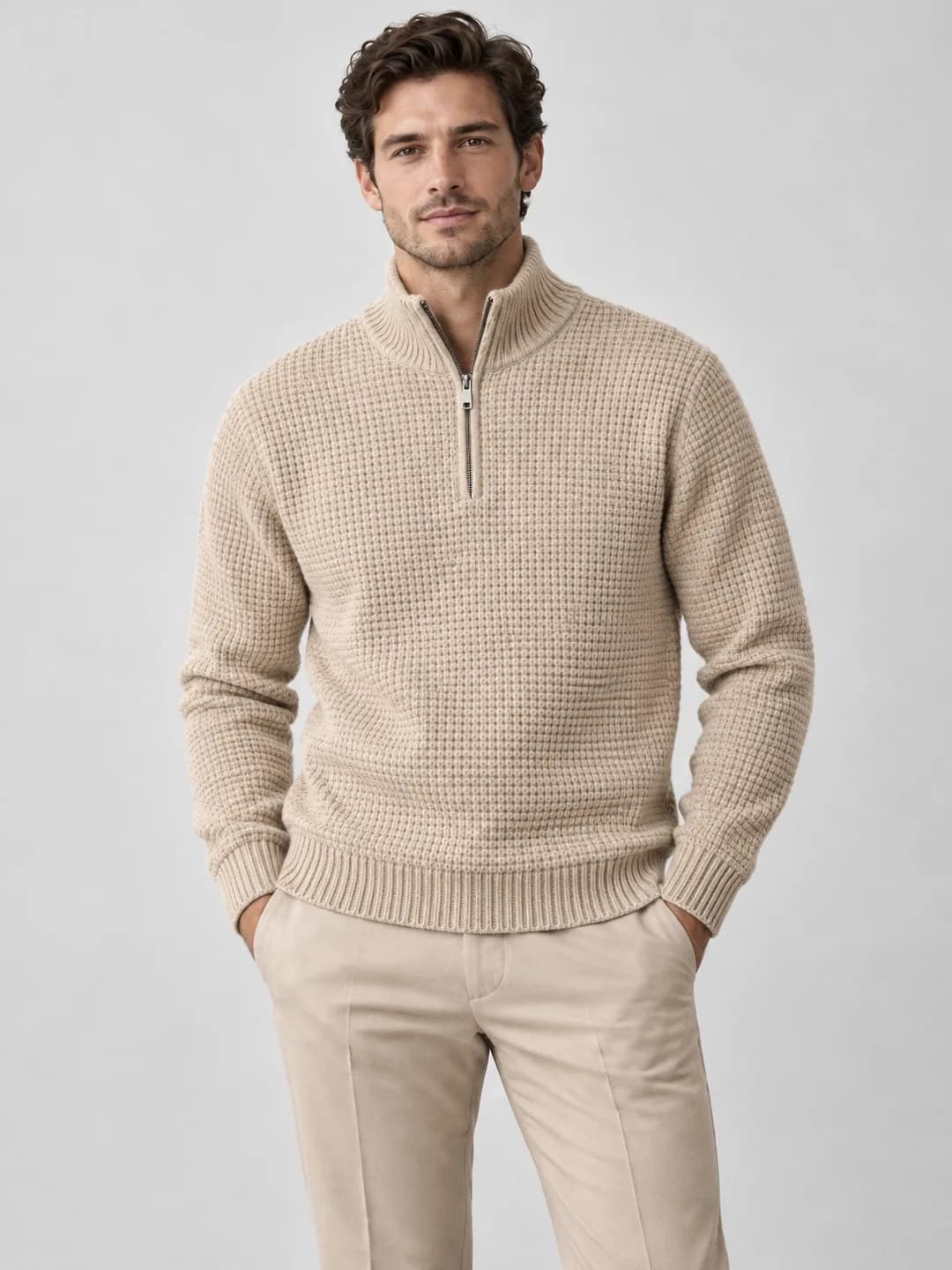 Mens Cotton-Wool Waffle Half-Zip - model or use reference (AI development concept)