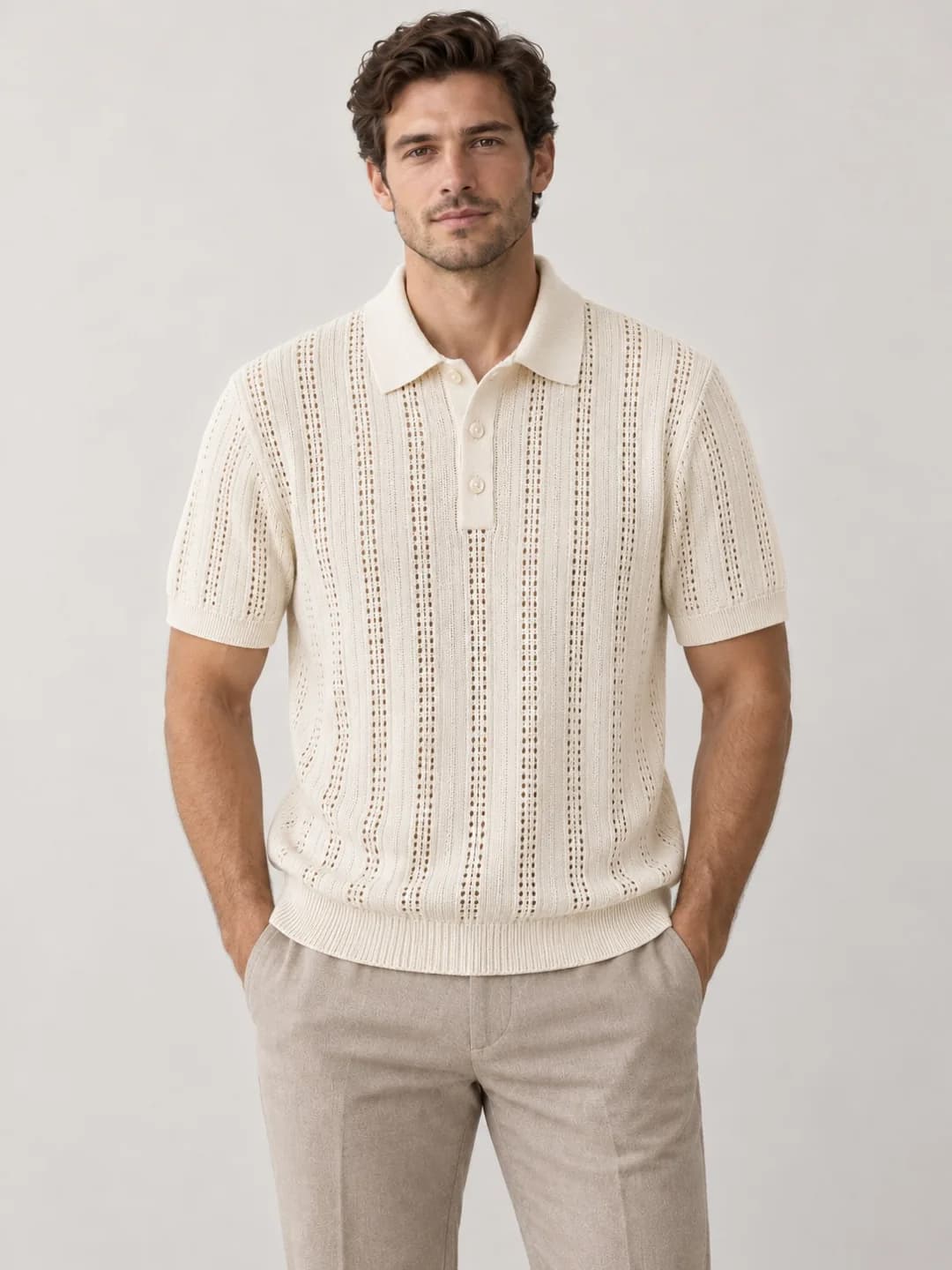 Mens Cotton-Linen Pointelle Short-Sleeve Polo - model or use reference (AI development concept)