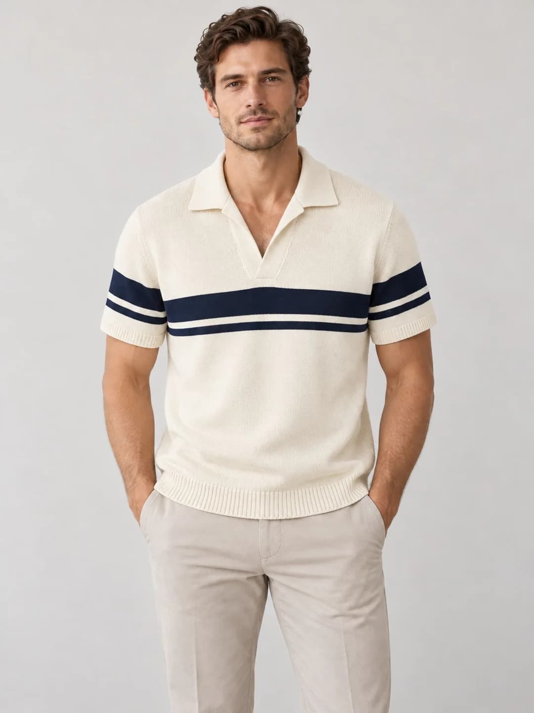 Mens Retro Chest-Stripe Open-Collar Polo - model or use reference (AI development concept)