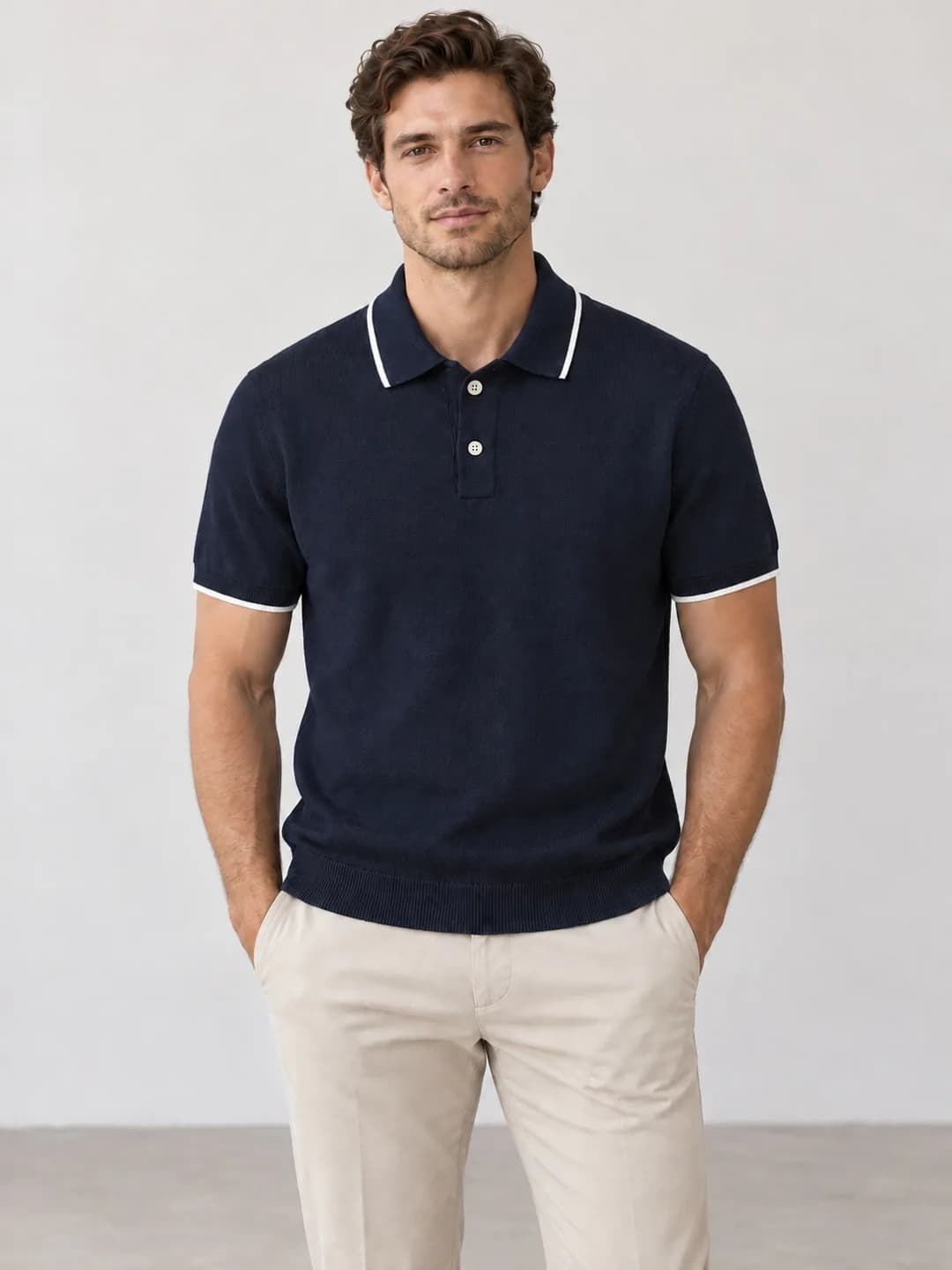 Mens Tipped Cotton-Linen Knit Polo - model or use reference (AI development concept)