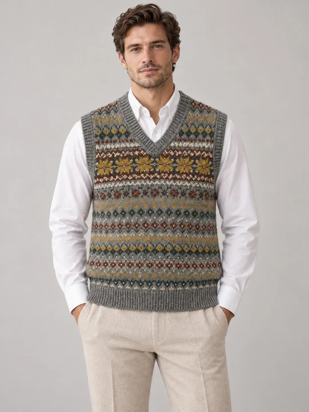 Mens Fair Isle V-Neck Sweater Vest - model or use reference (AI development concept)