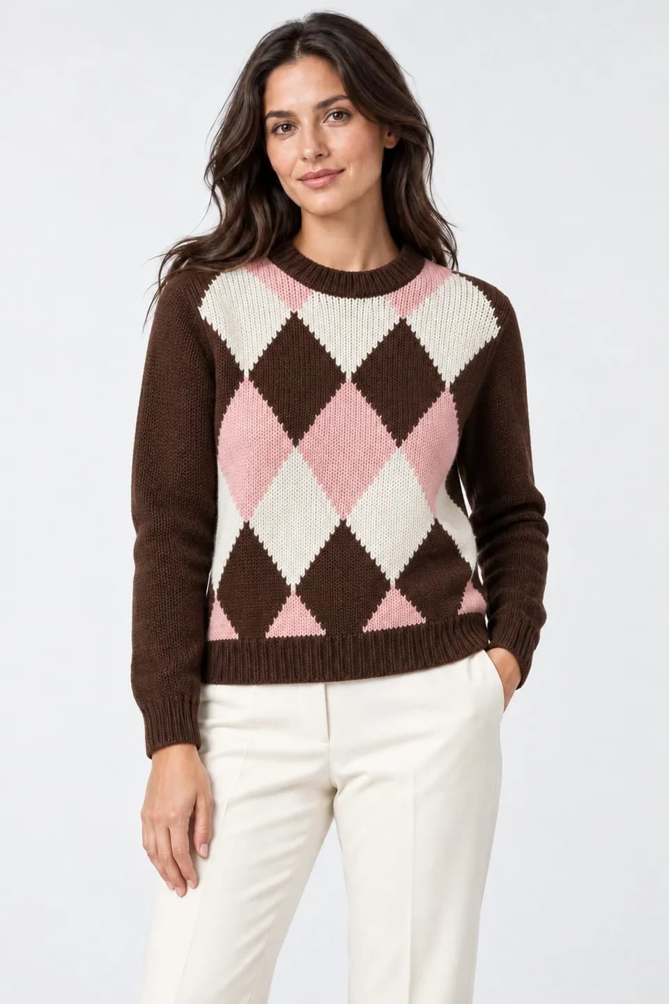 Women's Chunky Argyle Intarsia Crew-Neck Sweater - model or use reference (AI development concept)