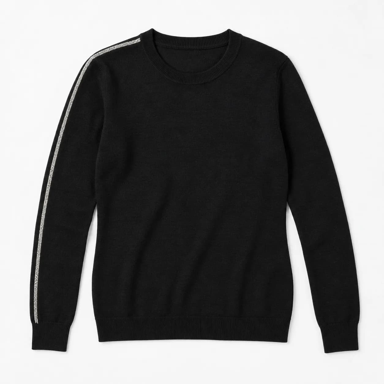 Womens Metallic Sleeve-Stripe Fine-Knit Sweater - front reference (AI development concept)