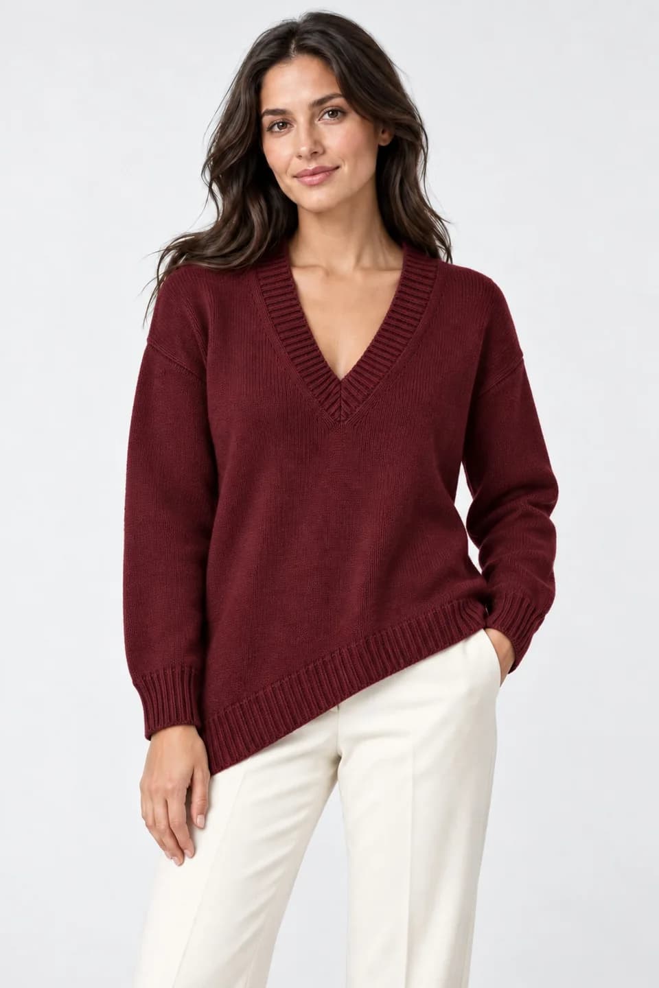 Women's Asymmetric-Hem Deep V-Neck Sweater - model or use reference (AI development concept)