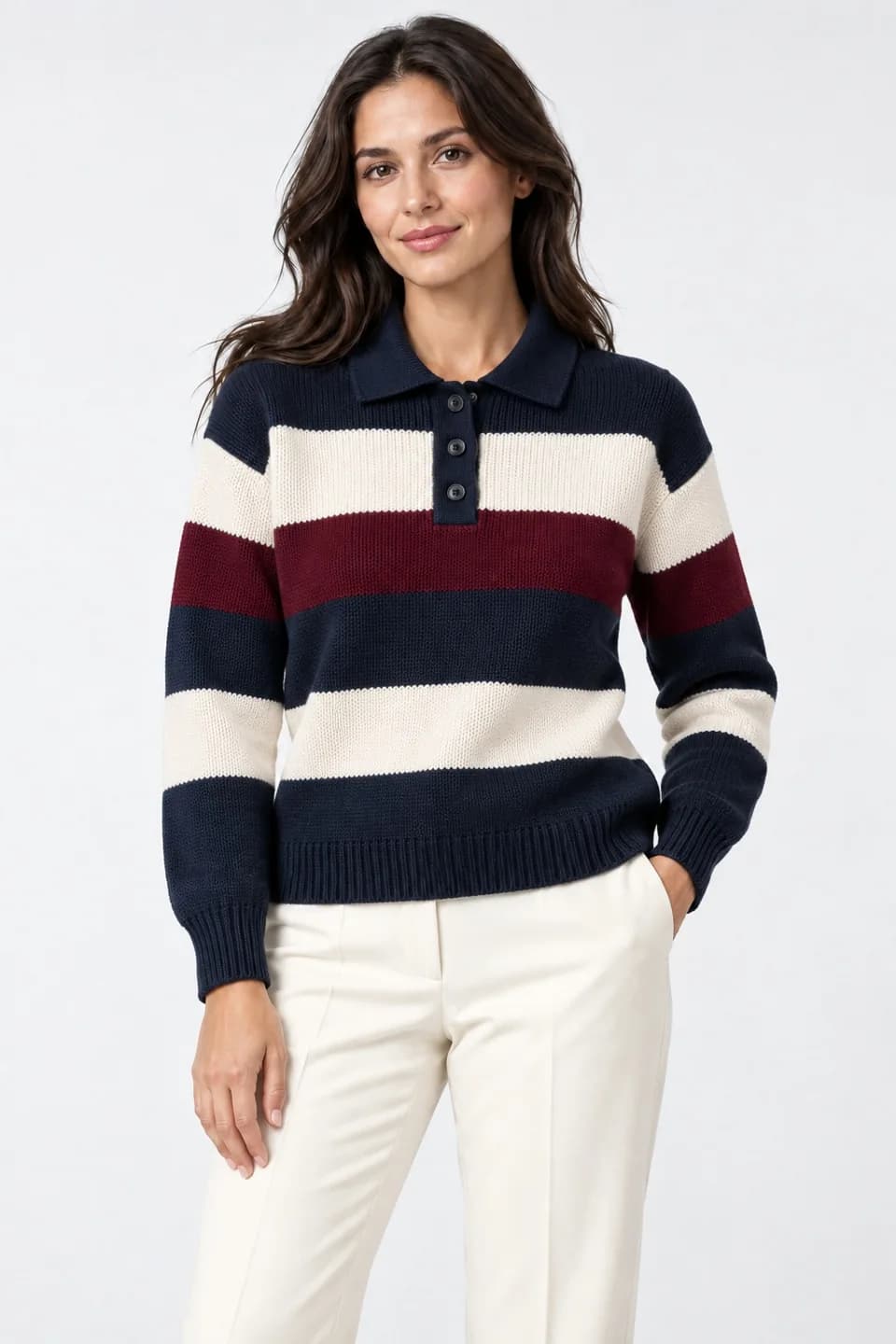 Women's Cotton Rugby-Stripe Polo Sweater - model or use reference (AI development concept)