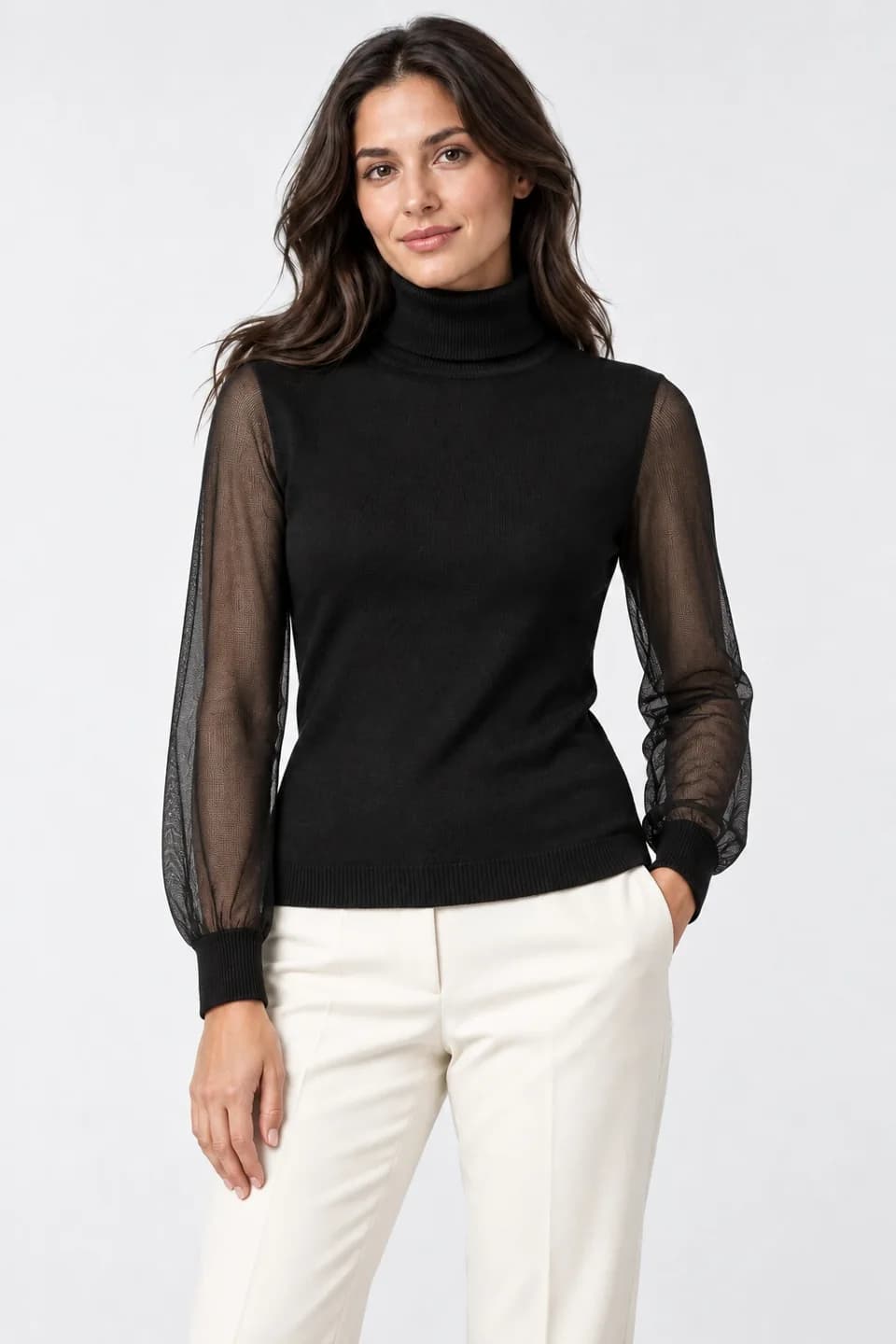 Womens Sheer-Sleeve Knit Turtleneck - model or use reference (AI development concept)