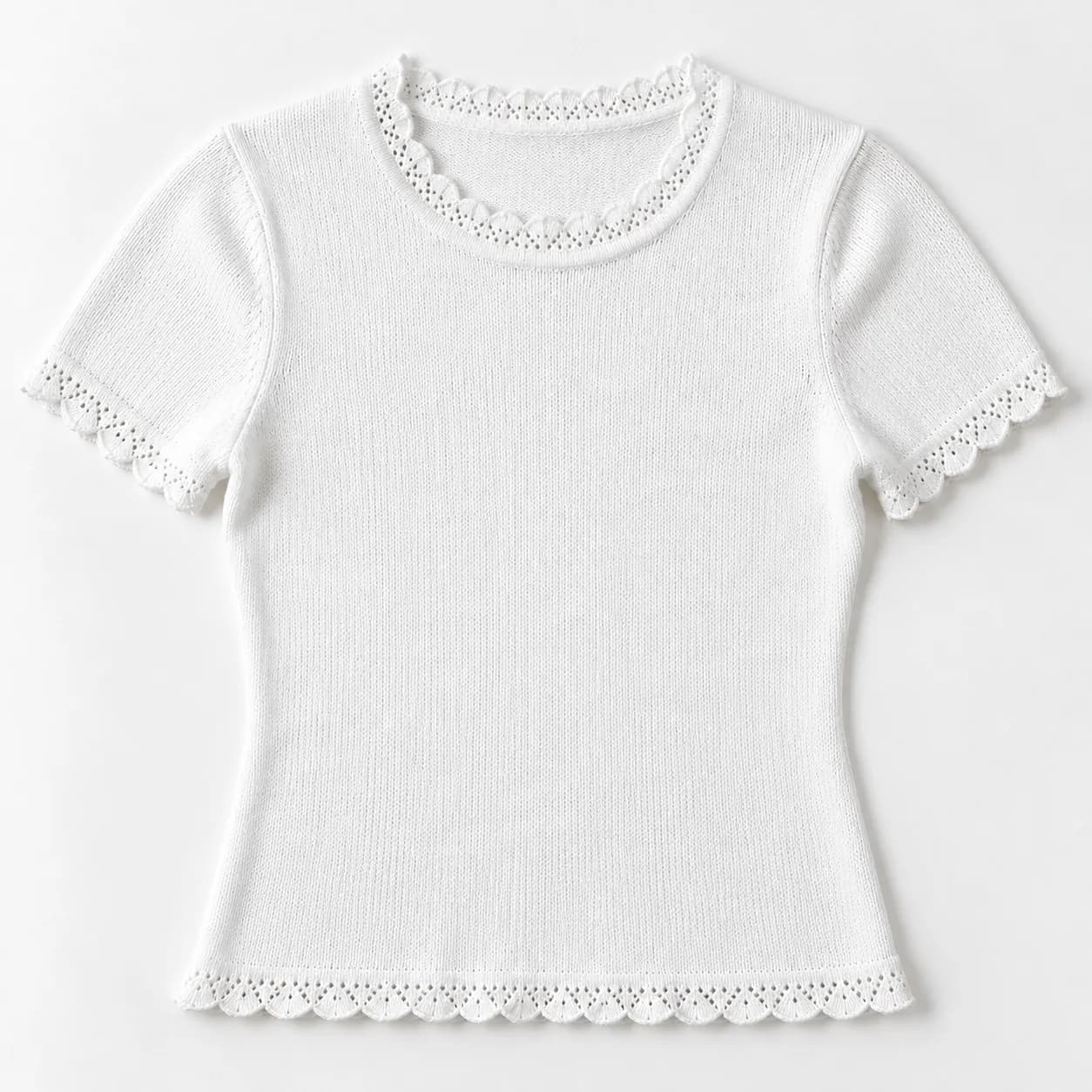Women's Lace-Edge Fine-Knit Short-Sleeve Top - texture reference (AI development concept)