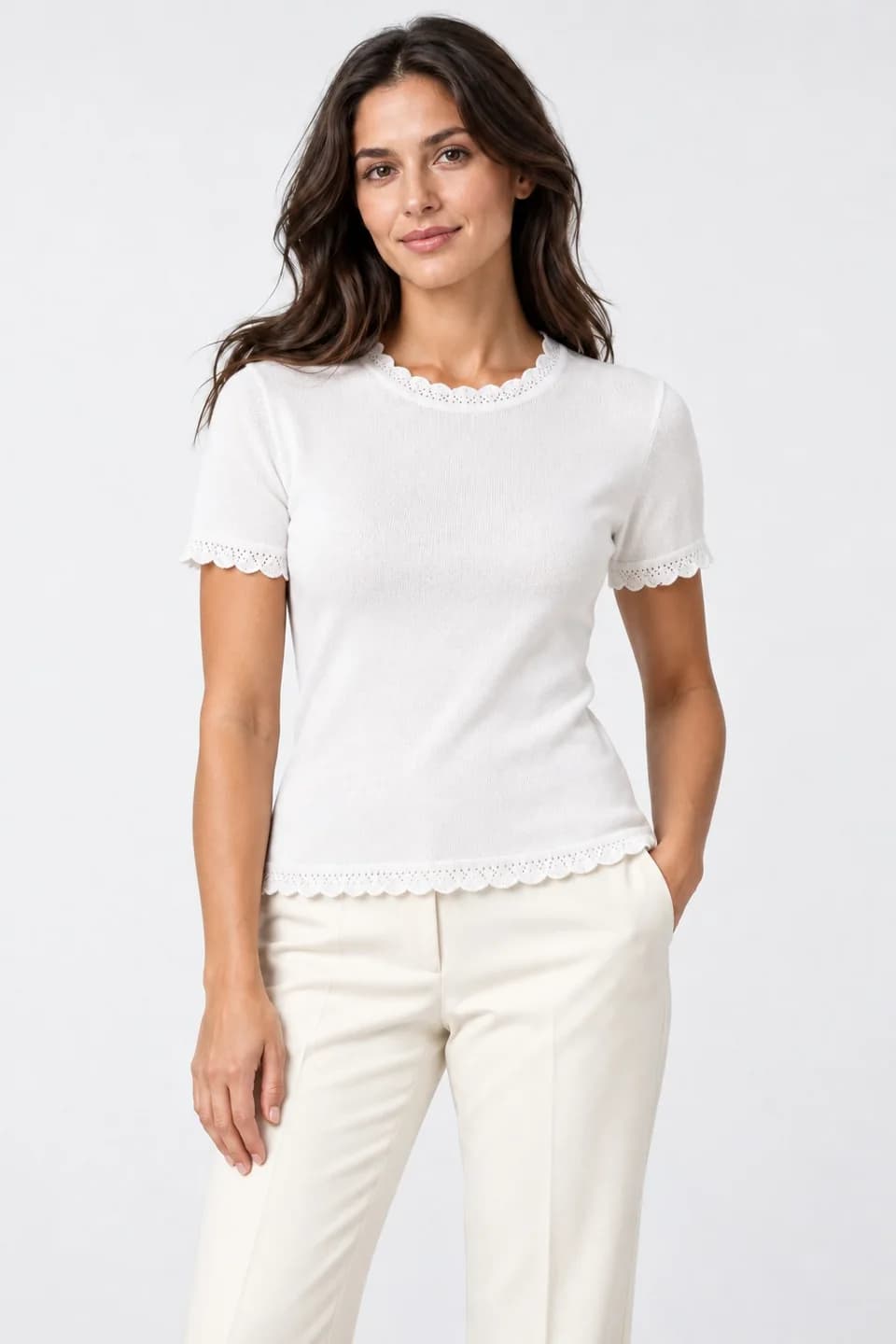 Women's Lace-Edge Fine-Knit Short-Sleeve Top - model or use reference (AI development concept)