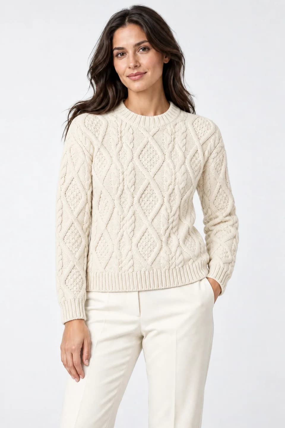 Women's Chunky Lozenge-Cable Crew-Neck Sweater - model or use reference (AI development concept)