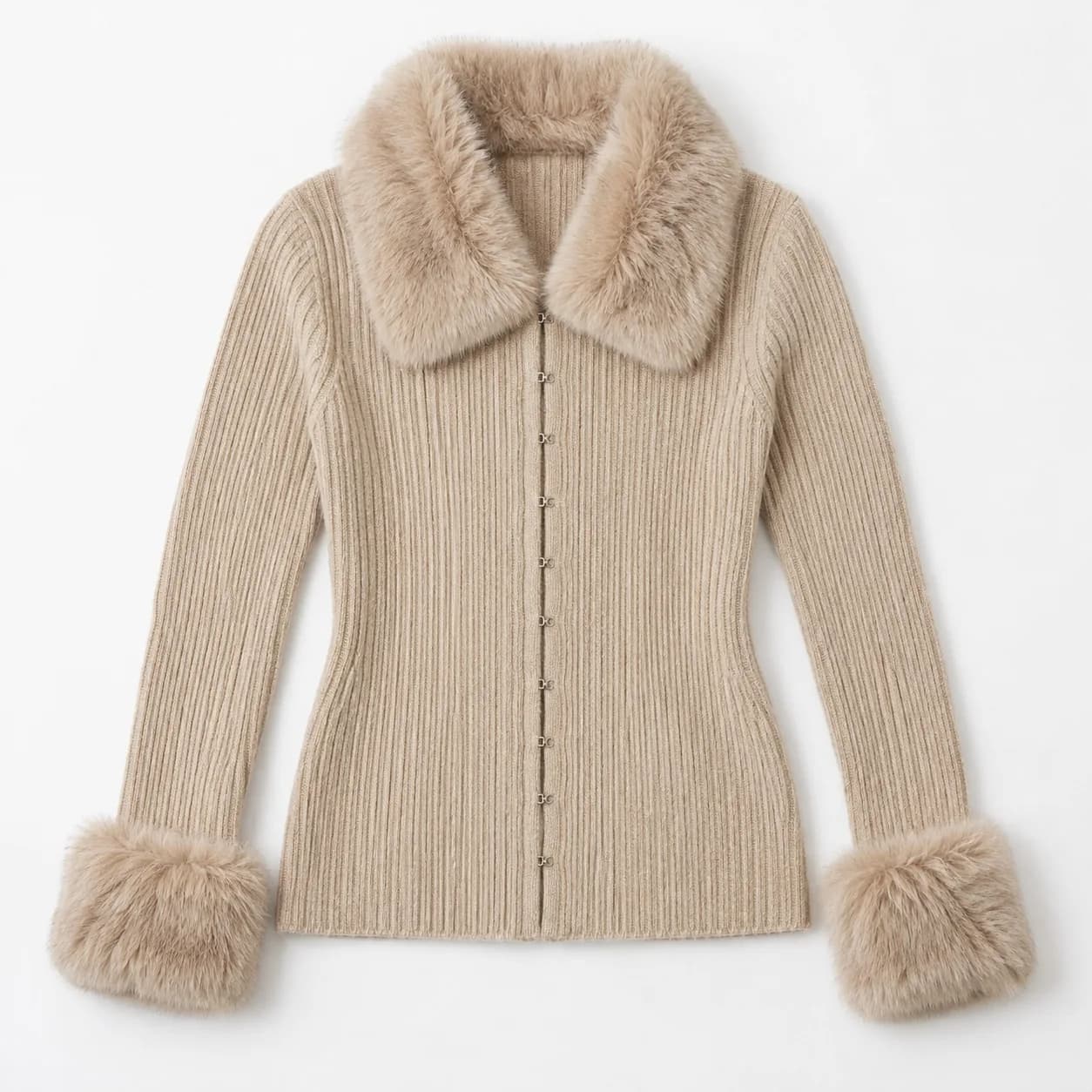 Women's Rib Cardigan with Removable Faux-Fur Trims - front reference (AI development concept)