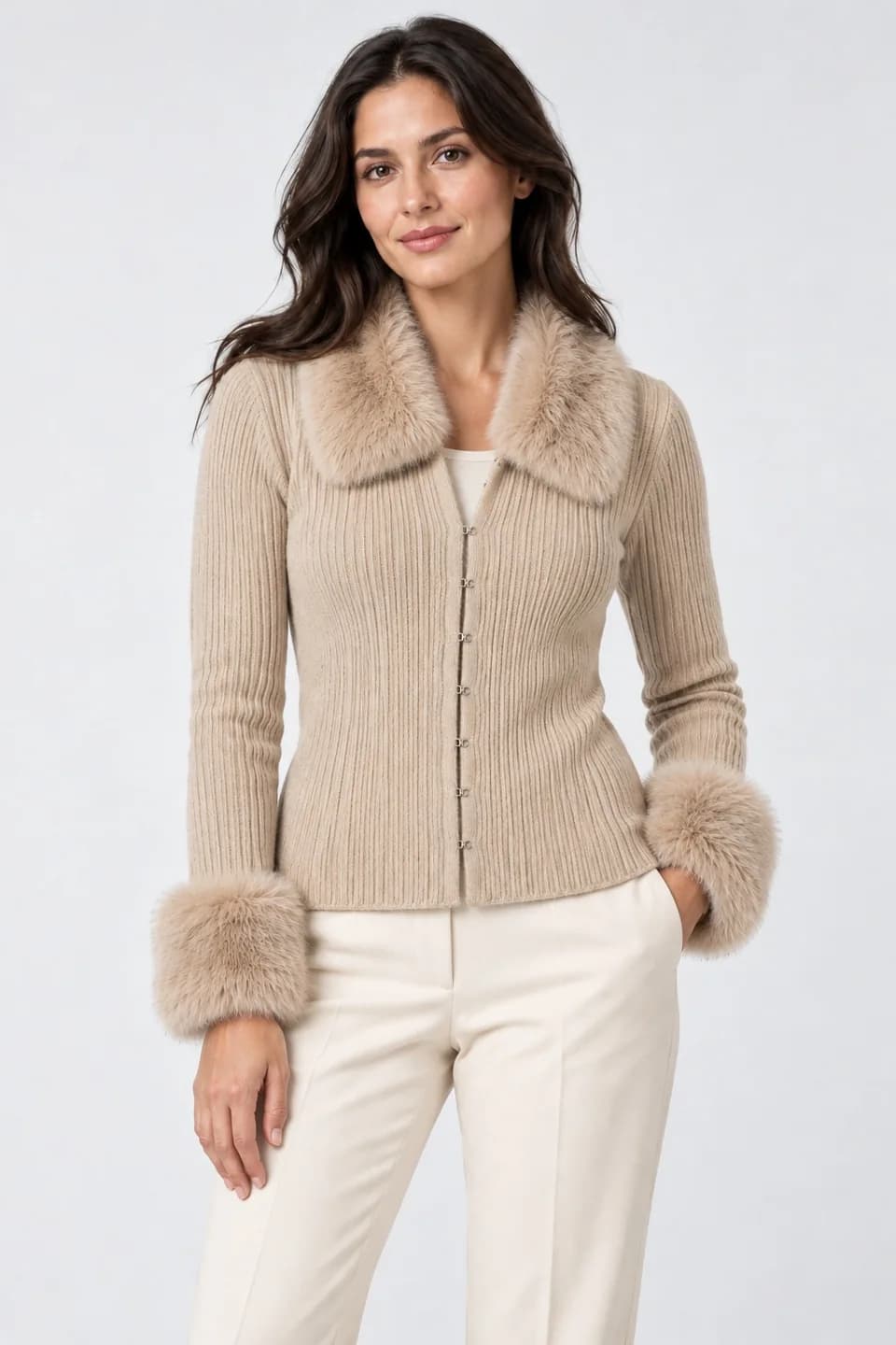 Women's Rib Cardigan with Removable Faux-Fur Trims - model or use reference (AI development concept)