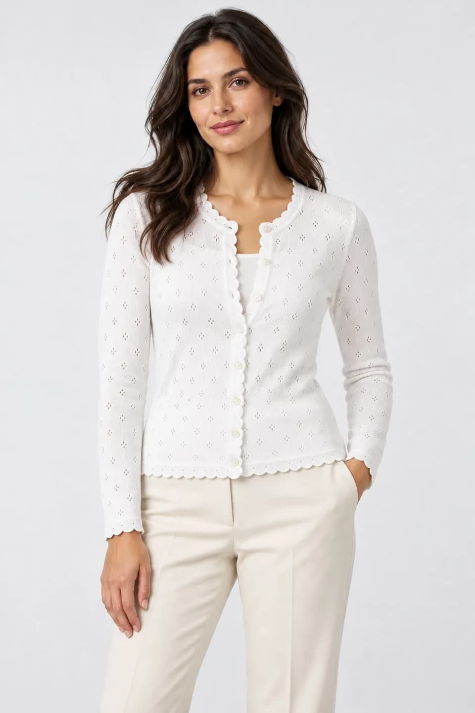 Women's Pointelle Lace-Edge Cotton Cardigan - model or use reference (AI development concept)