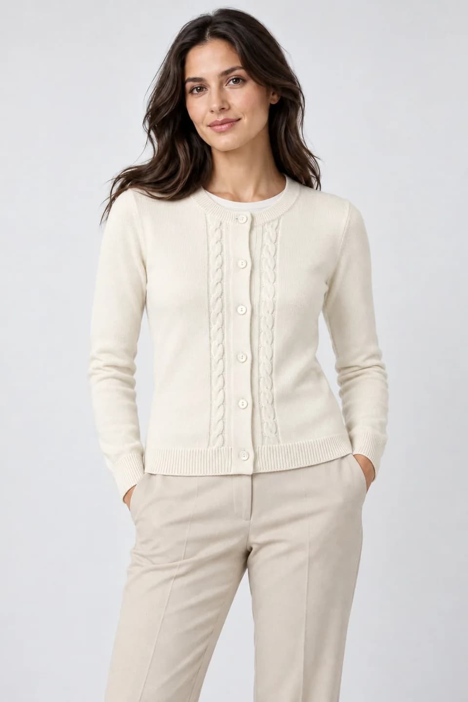 Women's Cotton Cable-Placket Crew-Neck Cardigan - model or use reference (AI development concept)