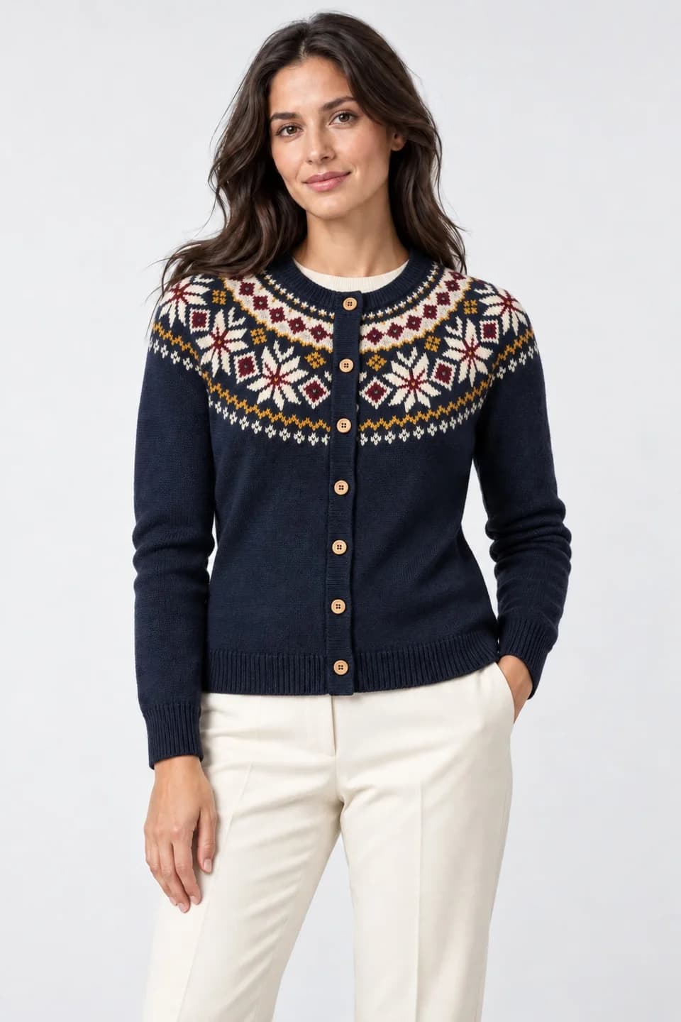 Women's Fair Isle Yoke Button Cardigan - model or use reference (AI development concept)