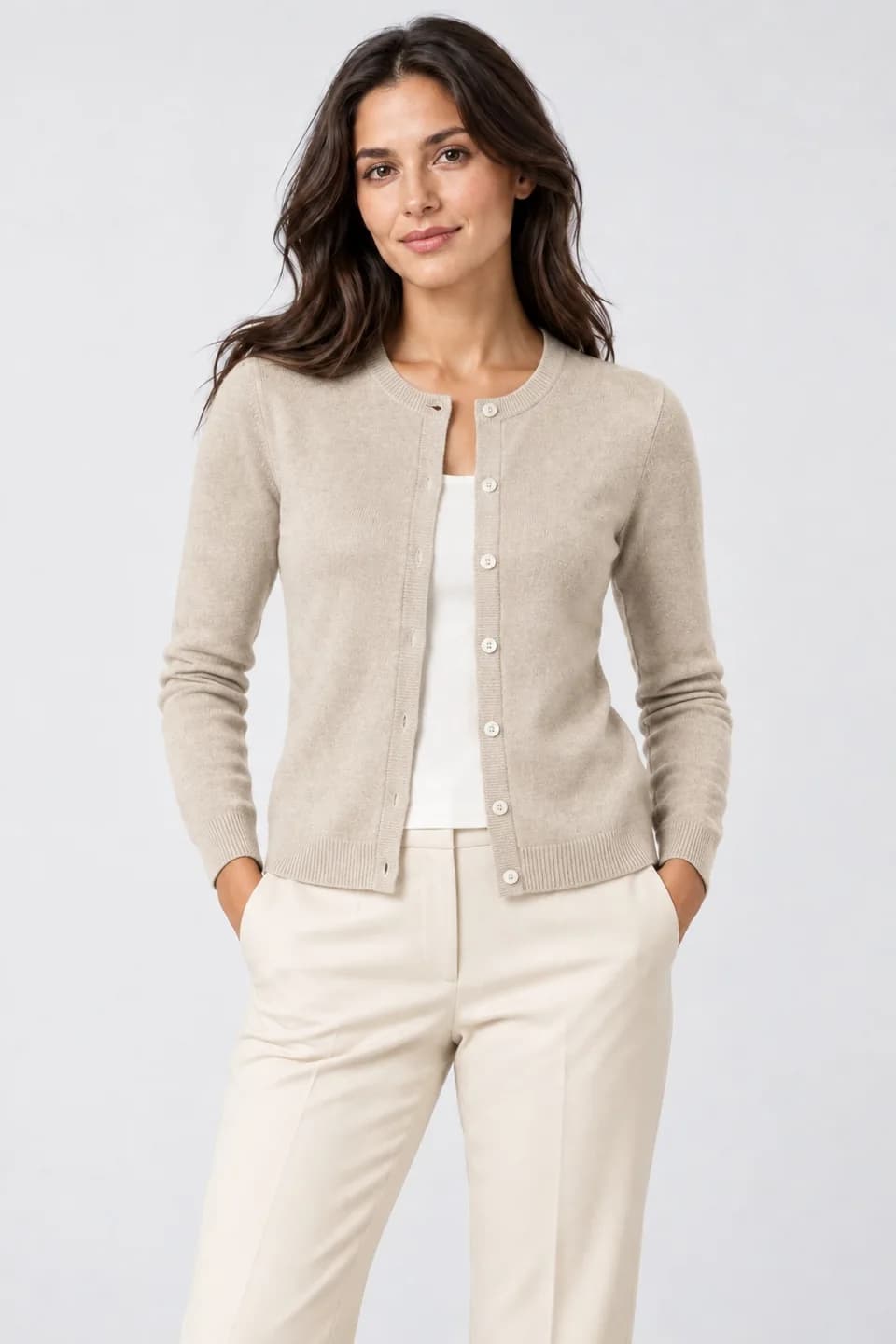 Women's Cotton-Cashmere Crew-Neck Cardigan - model or use reference (AI development concept)