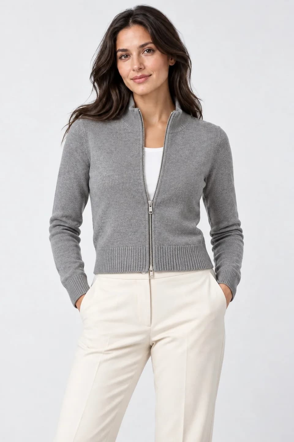 Women's Cropped Stand-Collar Zip Knit Cardigan - model or use reference (AI development concept)