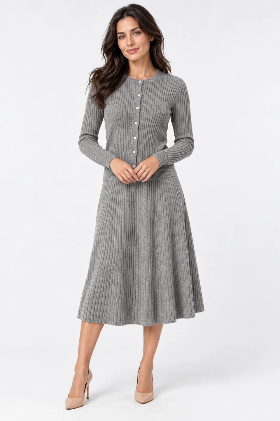 Women's Rib Cardigan and A-Line Midi Skirt Set - model or use reference (AI development concept)