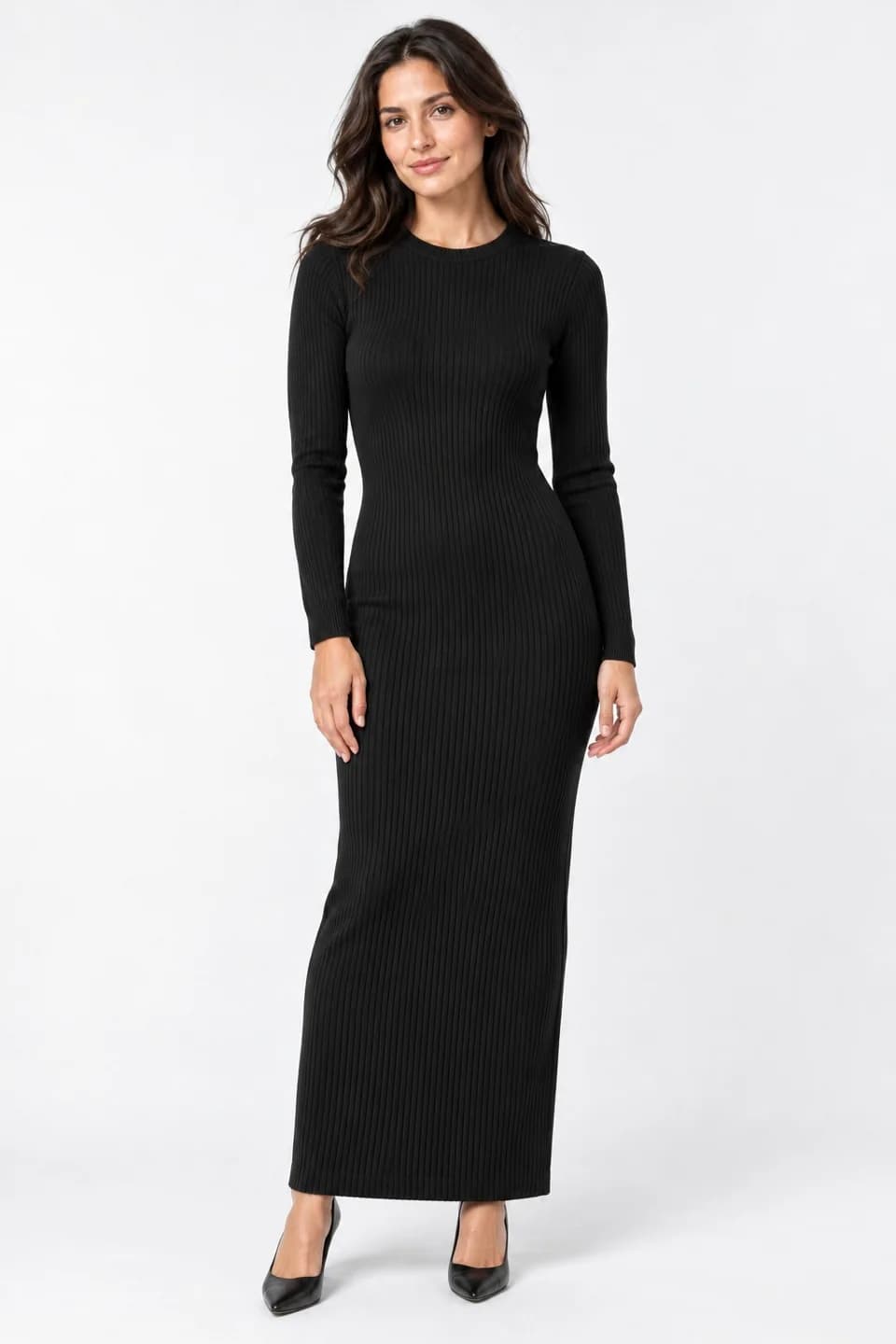 Women's Long-Sleeve Rib-Knit Maxi Dress - model or use reference (AI development concept)