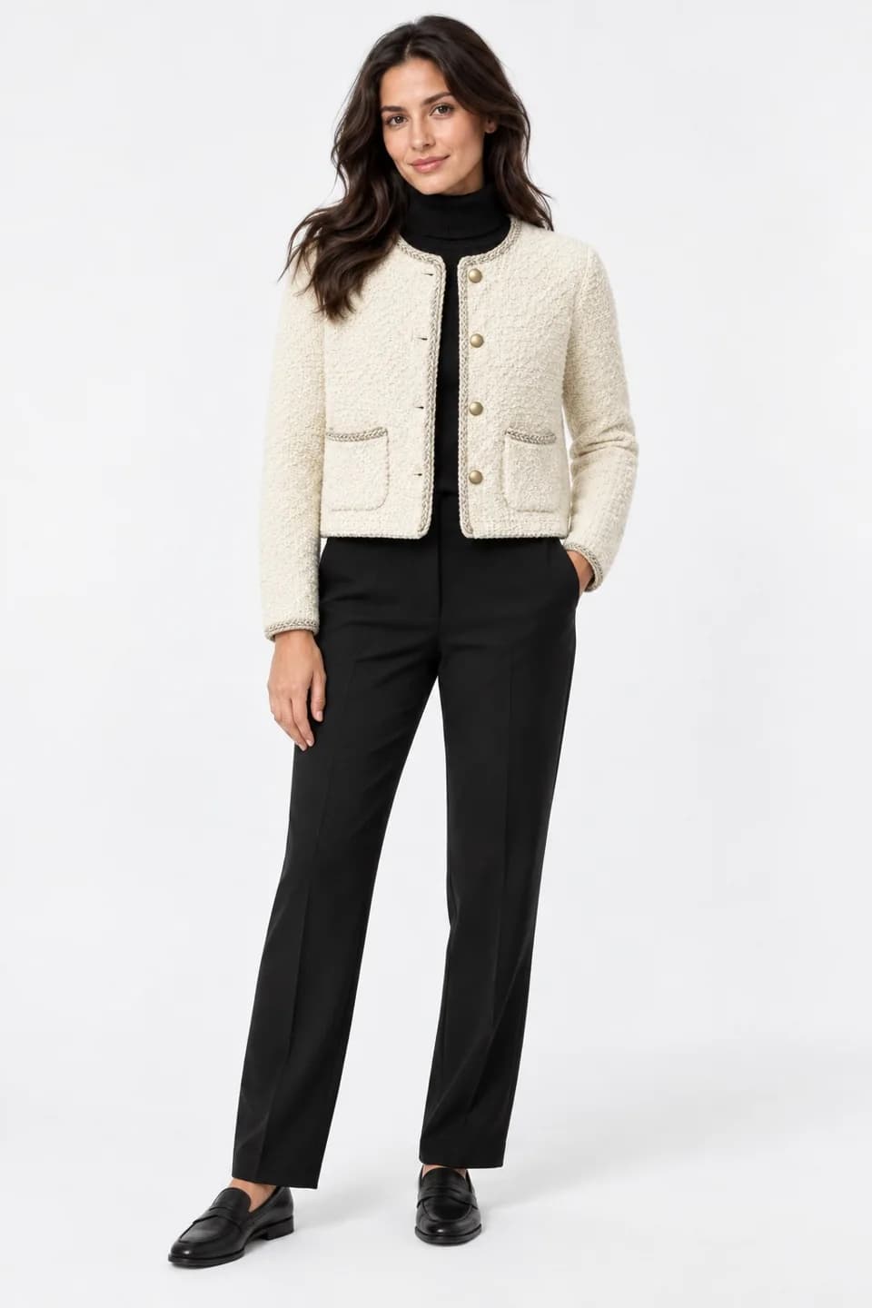 Women's Cropped Boucle Knit Jacket - model or use reference (AI development concept)